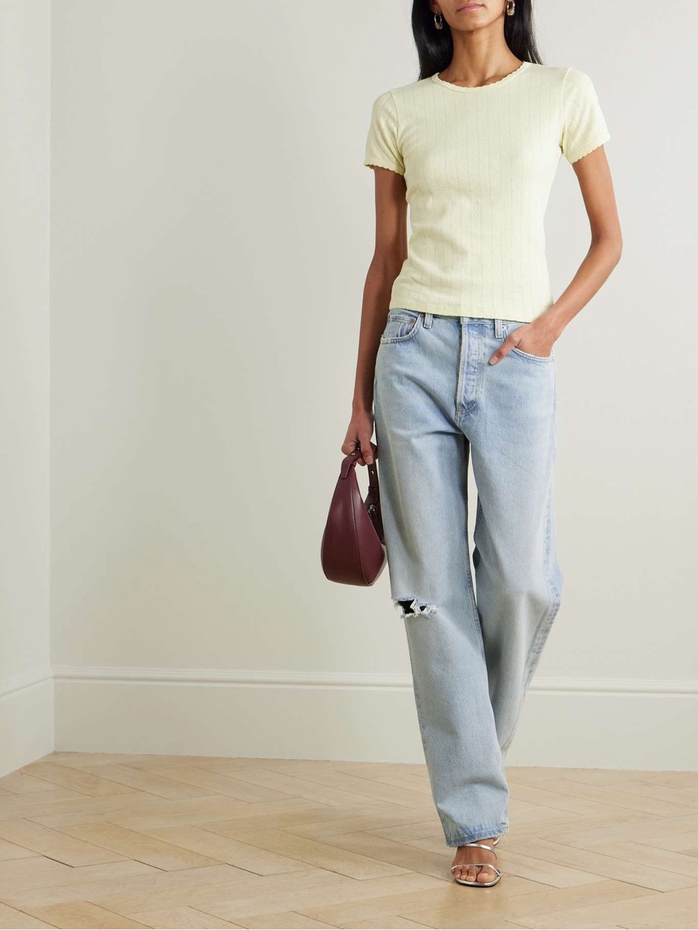 Agolde Light Blue High-Rise Flare Jeans with Knee Rip